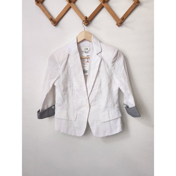 XXI‎ white NWT career jacket linen type fabric gray stripe cuff slvs S - Picture 1 of 6